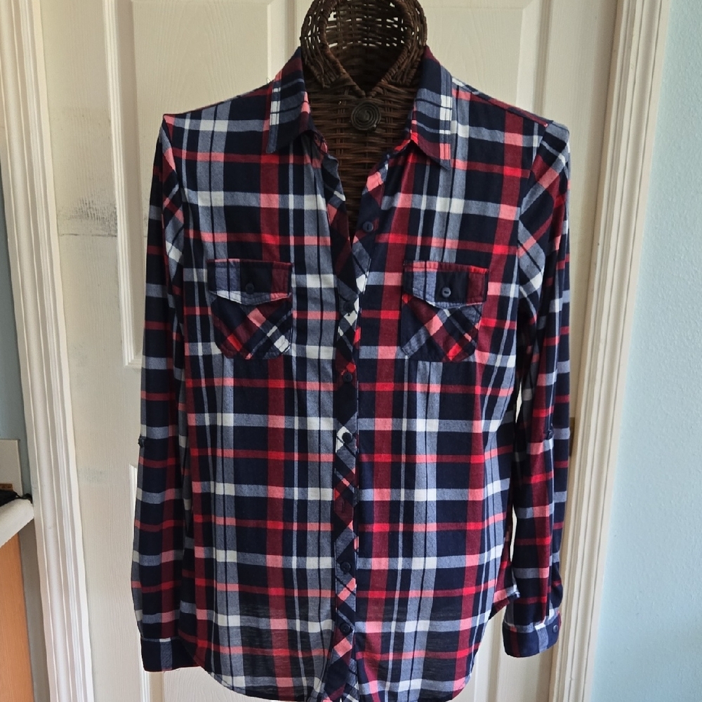 Love Potion Classic Navy and Red Plaid Long Sleeve Women's Shirt